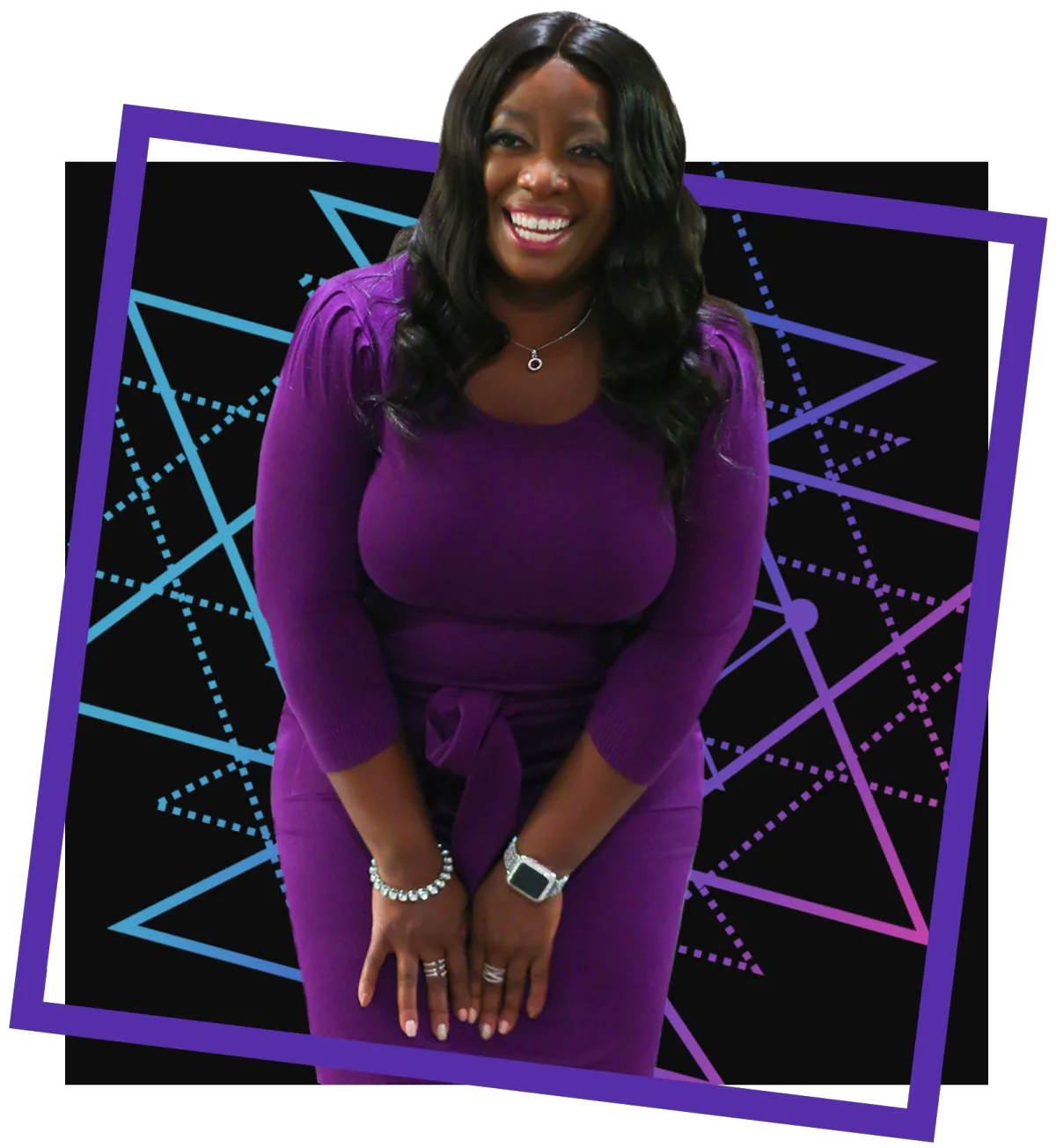 A woman in purple dress standing next to a black background.